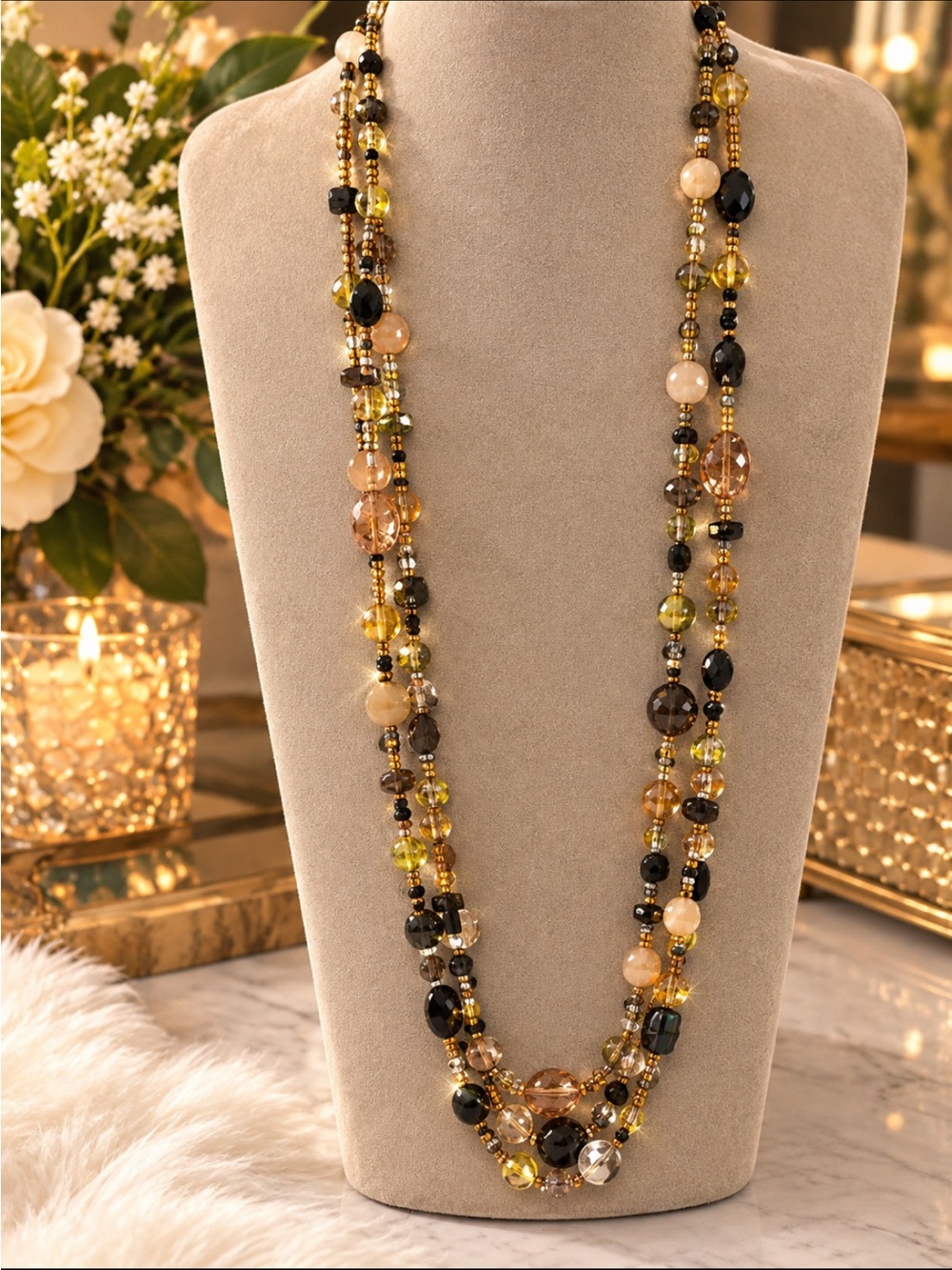 Elegant Multi-Strand Beaded Necklace in Gold and Black
